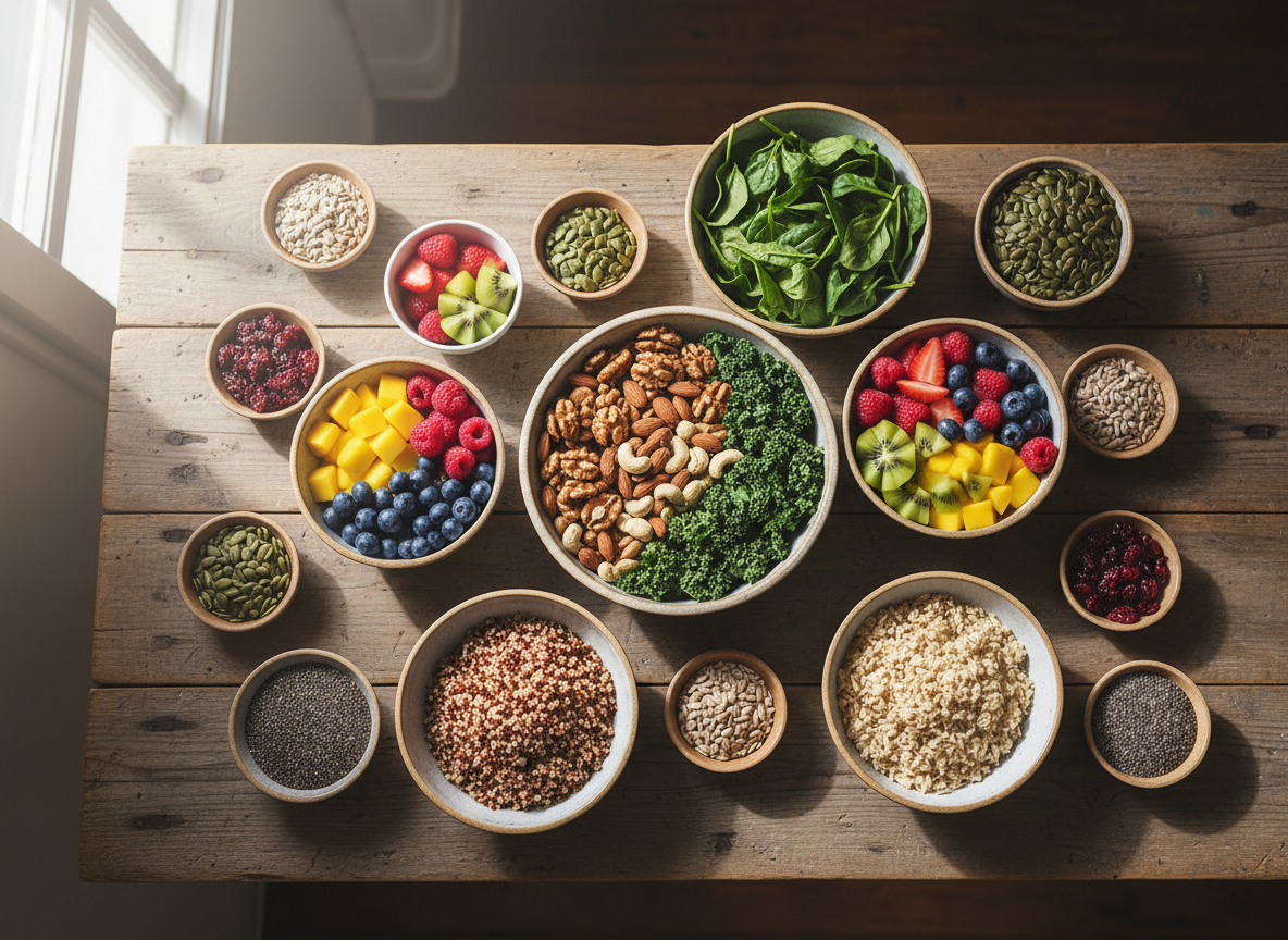 Assorted whole foods sorted into small bowls