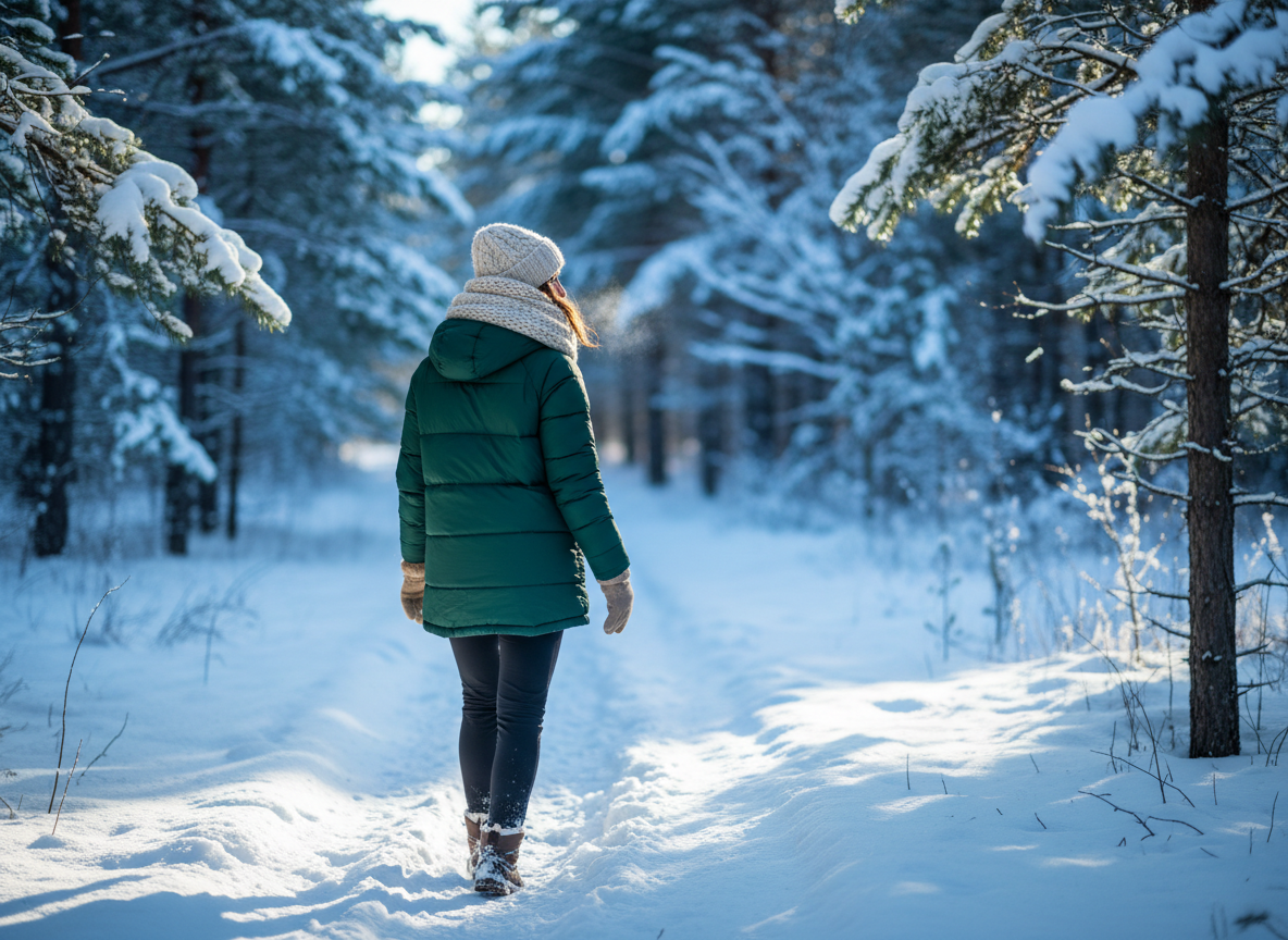 Person bundled up on a brisk winter walk outdoors