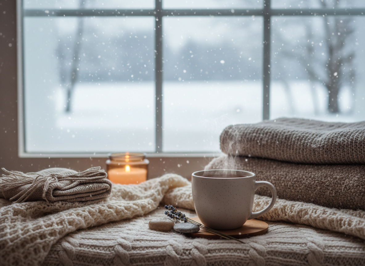 Cozy winter wellness scene with tea and blanket