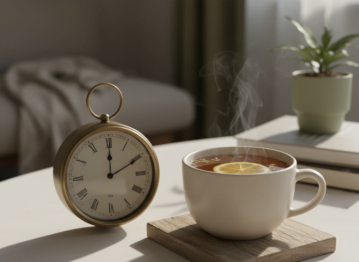 Herbal tea next to a clock suggesting caffeine timing