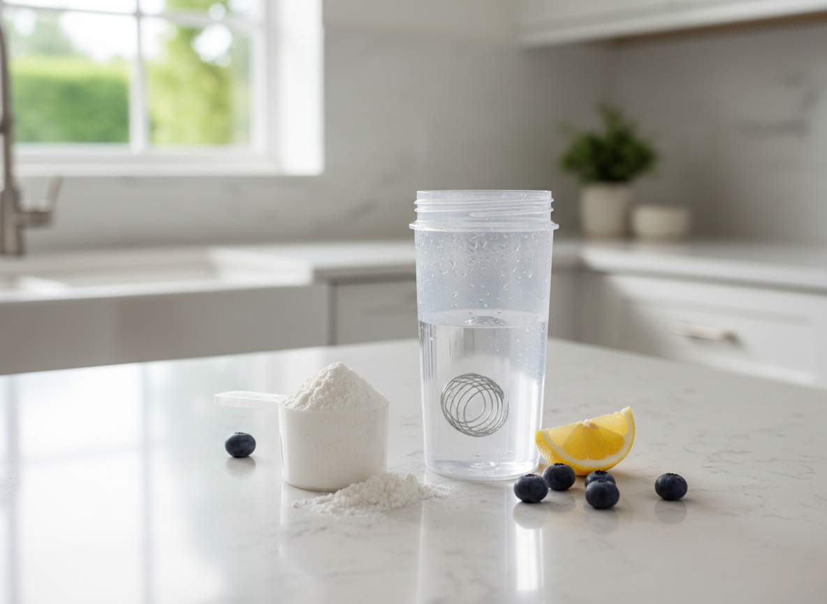 Creatine supplement powder with a shaker bottle