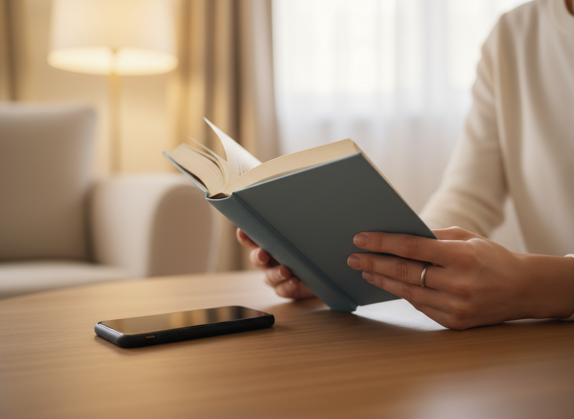 Phone face-down while a person reads a physical book
