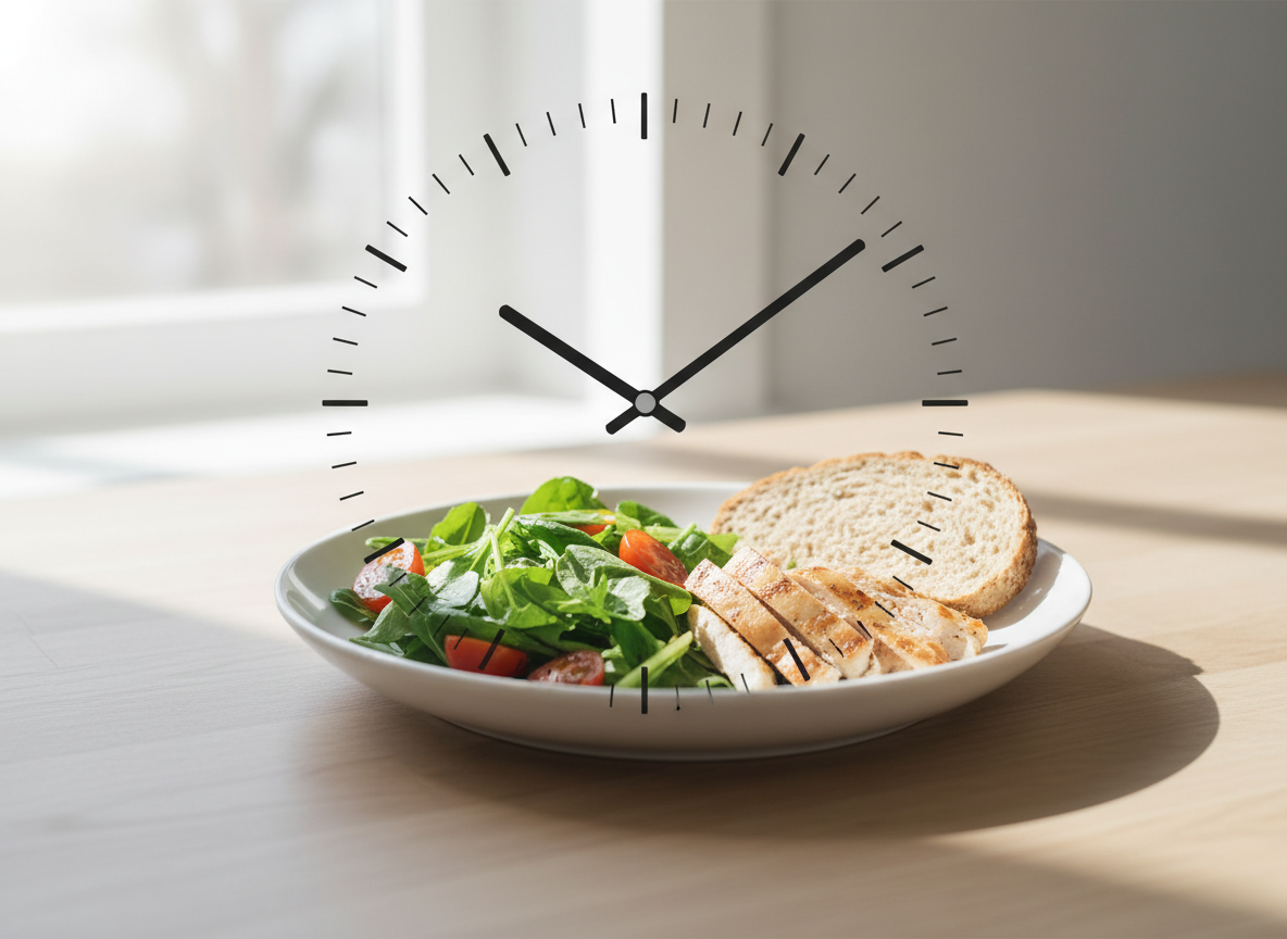 Clock and plate representing intermittent fasting eating windows
