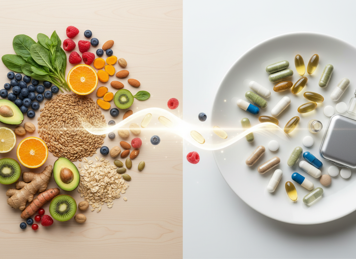 Fresh ingredients and supplement capsules representing nutraceuticals