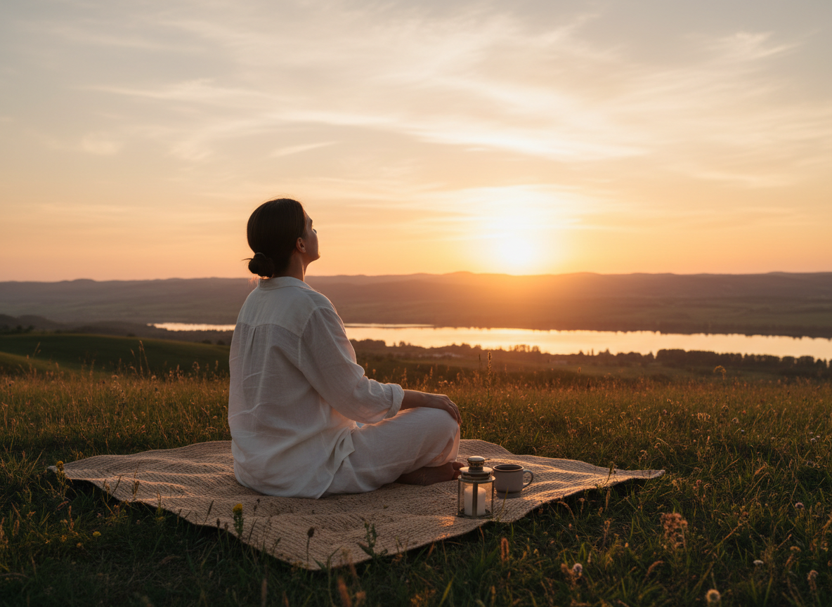 Person enjoying a screen-free evening outdoors at sunset