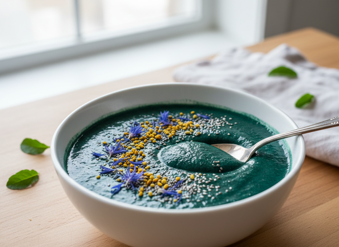 Vivid blue-green spirulina powder and smoothie