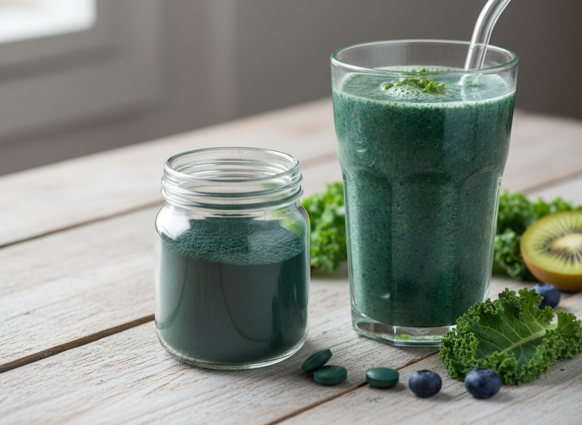 Spirulina powder jar next to a blue-green smoothie