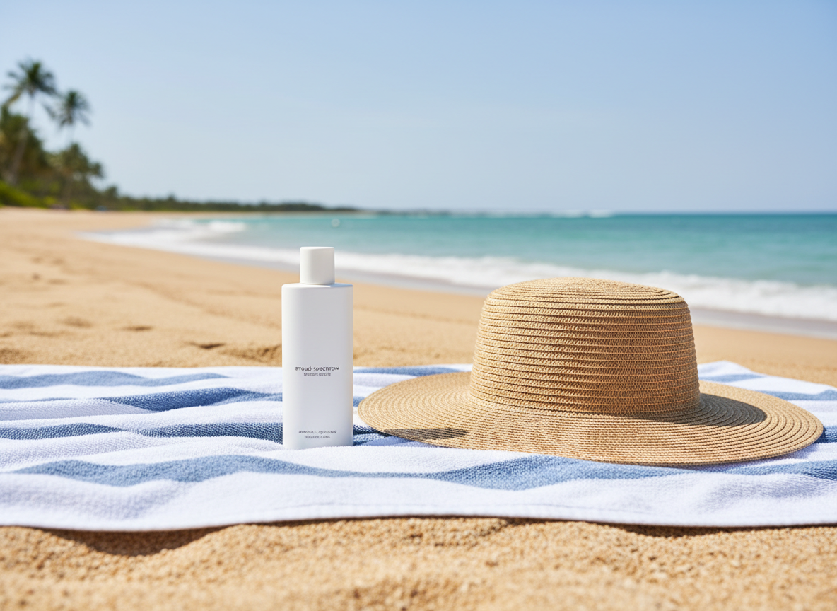 Sunscreen and sun hat suggesting sun safety