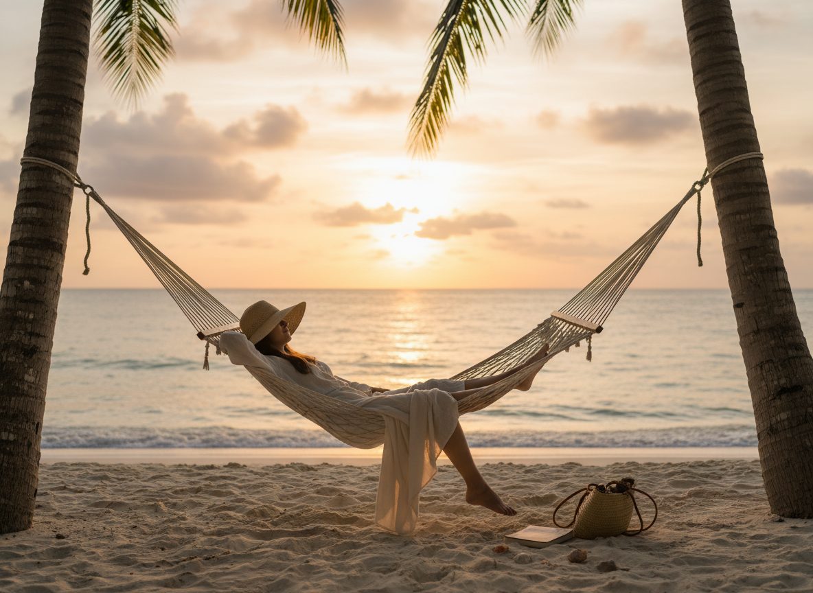 Person relaxing in a hammock on vacation
